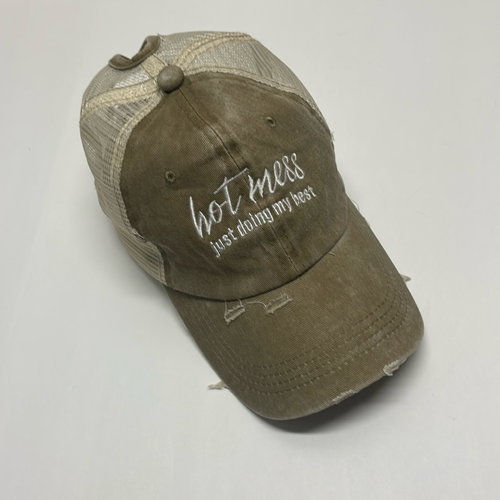 Distressed “Hot Mess” Ponytail Baseball Cap